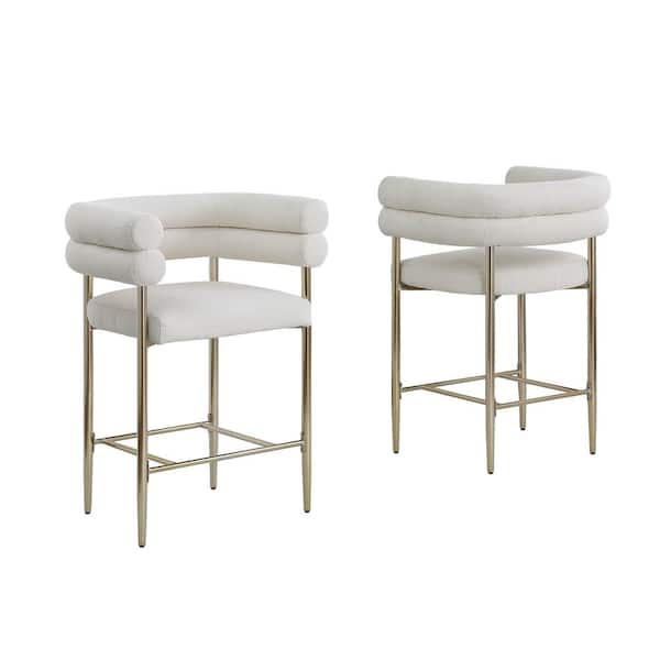 Best Quality Furniture Zuria 24 in. Beige Low Back Wood Frame Counter Stool With Gold Chrome Iron Legs Teddy Fur Upholstery Set of 2