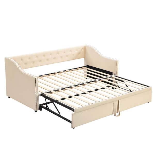 Beige Twin Size Soft Velvet Upholstered Tufted Daybed with Pop Up Trundle