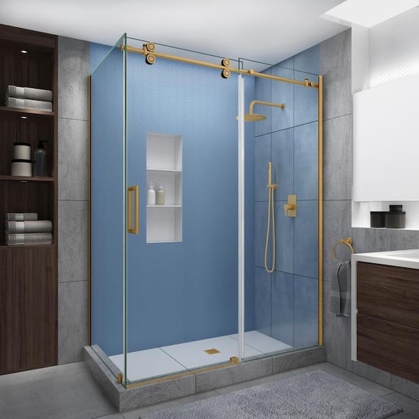 Aston Langham XL 68-72 in. x 36 in. x 80 in. Sliding Frameless Shower Enclosure StarCast Clear Glass in Brushed Gold Left