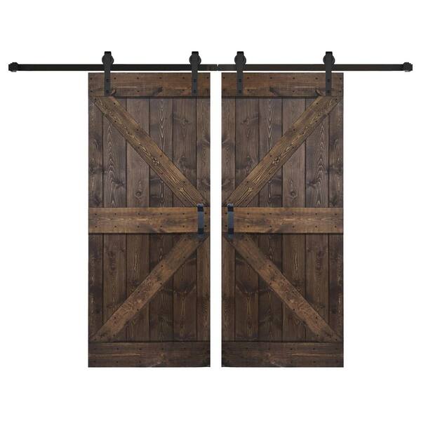 ISLIFE K Series 76 in. x 84 in. Coffee Finished DIY Solid Wood Double Sliding Barn Door with Hardware Kit