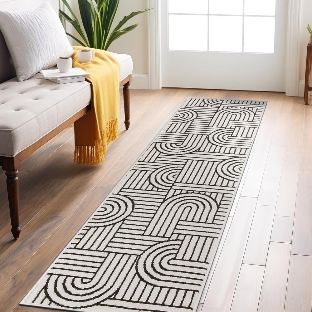 Cream and Black Abstract Synthetic Runner Rug, 2'x7'