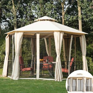 13 ft. x 13 ft. Patio Gazebo, Double Roof Hexagon Canopy Shelterwith Netting and Curtains, Solid Steel Frame