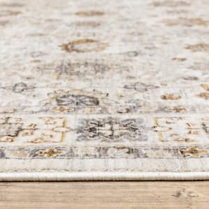 Ivory and Gold 3 ft. x 5 ft. Oriental Power Loom Stain Resistant Fringe with Area Rug
