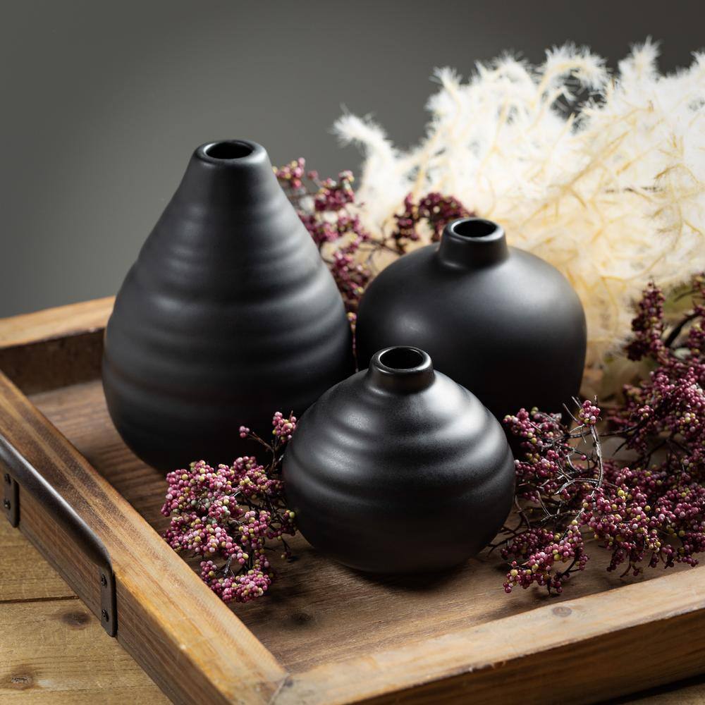 Matte Black Ceramic Bud Vase Trio, 9" x 6.5" Modern Home Decor