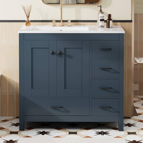 36 in. Freestanding Blue Bath Vanity with White Ceramic Top and 5 Drawers and Door Bathroom Storage Cabinet Unassembled