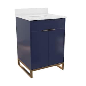 Leona 24 in. W x 22 in. D x 38 in. H Single Sink Bath Vanity in Navy Blue with White Engineered Stone Composite Top