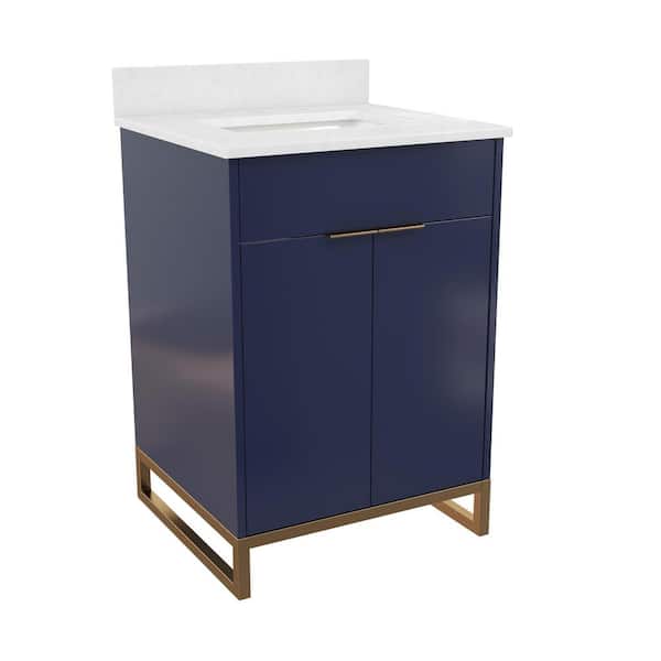 COSMO LIVING Leona 24 in. W x 22 in. D x 38 in. H Single Sink Bath Vanity in Navy Blue with White Engineered Stone Composite Top