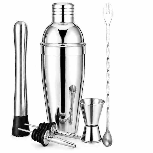 6-Piece Silver Stainless Steel Cocktail Shaker Set Bartender Kit with Muddler, Jigger, Spoon, Pourers