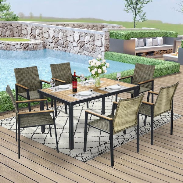 All Weather 7-Piece Wicker Outdoor Dining Set Patio Conversation Set with 2.44 in. Umbrella Hole and Wood Table Top