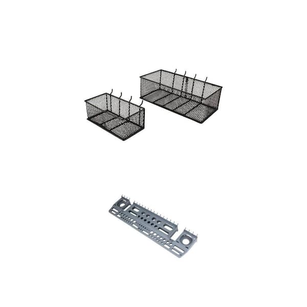 Steel Mesh Pegboard Basket in Black (2-Pack) and Gray Wall-Mount Multi-Purpose Tool Storage Holder Combo