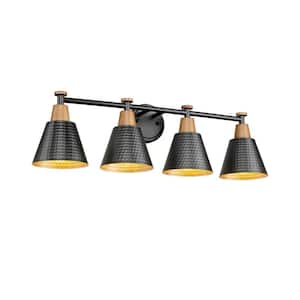 29.5 in. 4-Light Black Vanity Light with Hammered Metal Shade Gold Inside