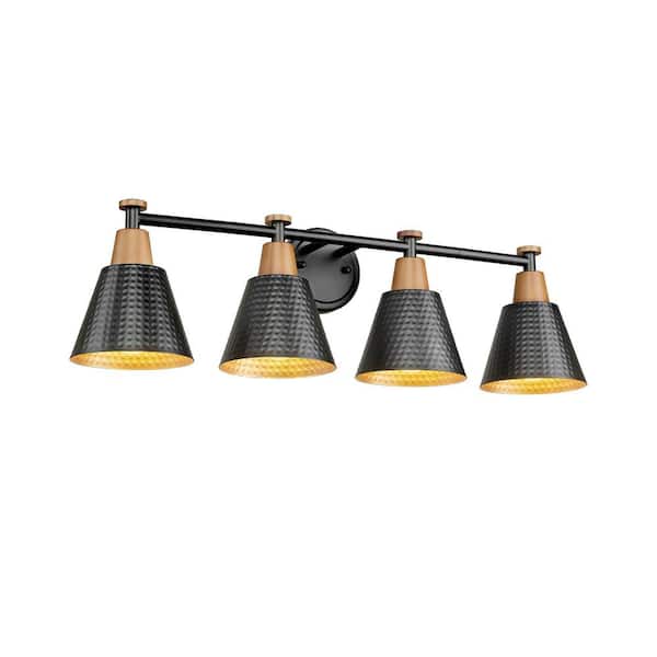 JAZAVA 29.5 in. 4-Light Black Vanity Light with Hammered Metal Shade Gold Inside