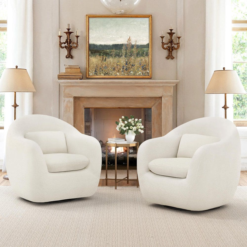 Oversized White Fabric 360° Swivel Accent Chair Upholstered Leisure Armchair Sofa with Padded Backrest Set of 2