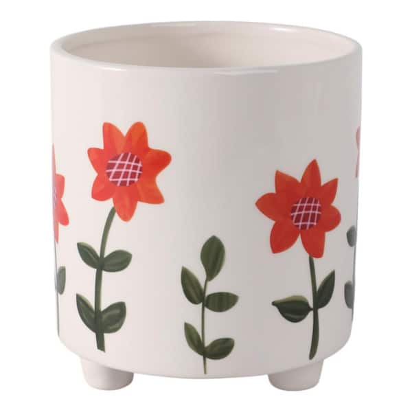 White Resin Footed Hand Painted Flower Planter (5.25 in. W x 6.25 in. H)