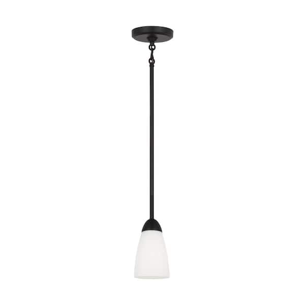Generation Lighting Seville 1-Light Midnight Black Mini- Pendant Light with Etched White Glass Shade
