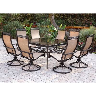 Monaco 9-Piece Aluminum Outdoor Dining Set with Square Glass-Top Table and Contoured Sling Swivel Chairs