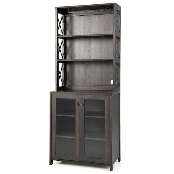 Costway Tall Freestanding Bar Cabinet Kitchen Buffet w/Glass Holder and Adjustable Shelf