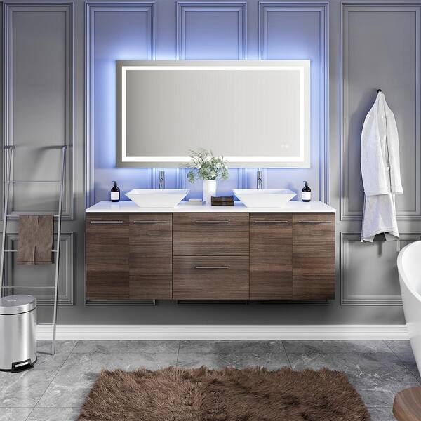Eviva Lux 60 in. W x 21 in. D x 26 in. H Floating Bath Vanity in Gray Oak with White Tempered Glass Top