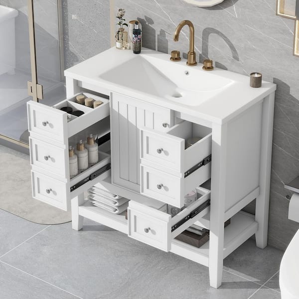 36 in. W x 18 in. D x 34 in. H Single Sink Bath Vanity in White with White Ceramic Top