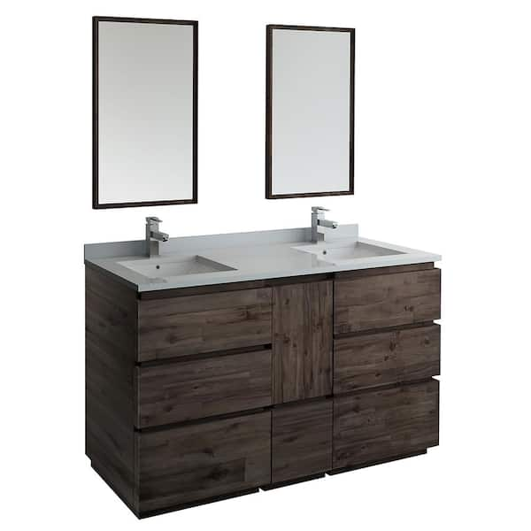 Fresca Formosa 60 in. Modern Double Vanity in Warm Gray with Quartz Stone Vanity Top in White with White Basins and Mirrors