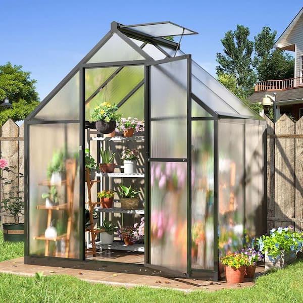 6 ft. W x 4 ft. D Polycarbonate Greenhouse with Quick Setup Structure and Adjustable Roof Vent, Black