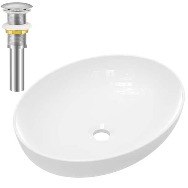 yulika Oval Sink 16 in . Bathroom Sink Ceramic Vessel Sink Bathroom Sink Modern with Pop-Up Drain in White and Sliver