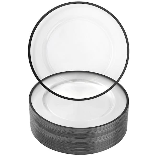 12 in. Charger Plates, 50 Pack Clear Charger Plates with Black Trim, Plastic Charger Plate Bulk for Dinner, Wedding