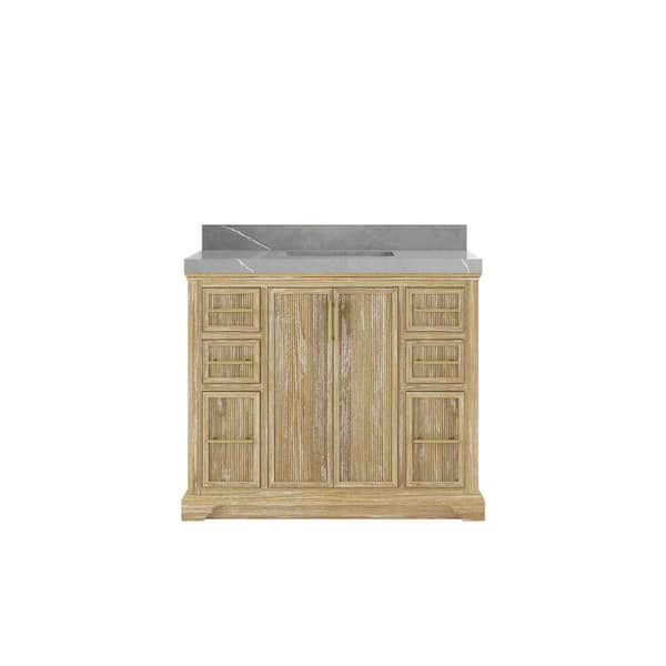Willow Collections Alys Teak 42 in.  W x 22 in. D x 36 in. H Single Sink Bath Vanity in Whitewashed with 2 in. Piatra Gray qt. Top