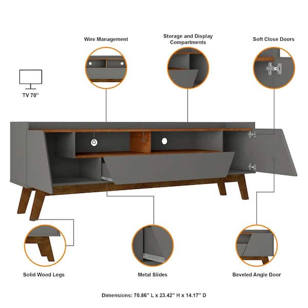 Manhattan Comfort Mid-Century Modern Marcus 70.86 TV Stand with Solid Wood Legs in Grey and Nature Manhattan Comfort Mid-Century Modern Marcus 70.86 TV Stand with Solid Wood Legs in Grey and Nature
