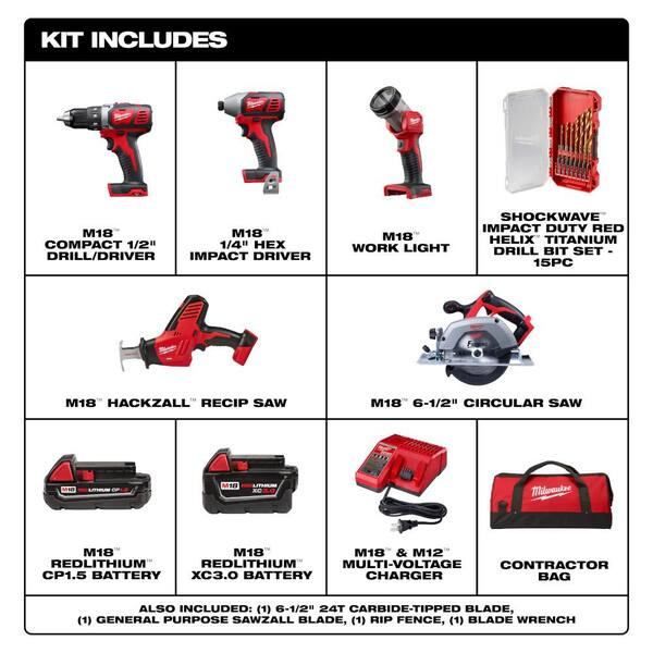 Milwaukee M18 18V Lith Ion Cordless Combo Kit 5 Tool w 1 3.0Ah 1 1.5Ah Battery 1 Charger Drill Bit Set 15 Piece 2695 25CX 48 89 4670 The Home Depot