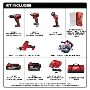 M18 18V Lith-Ion Cordless Combo Kit (5-Tool) w/(1) 3.0Ah & (1) 1.5Ah Battery, (1) Charger & Drill Bit Set (15-Piece)