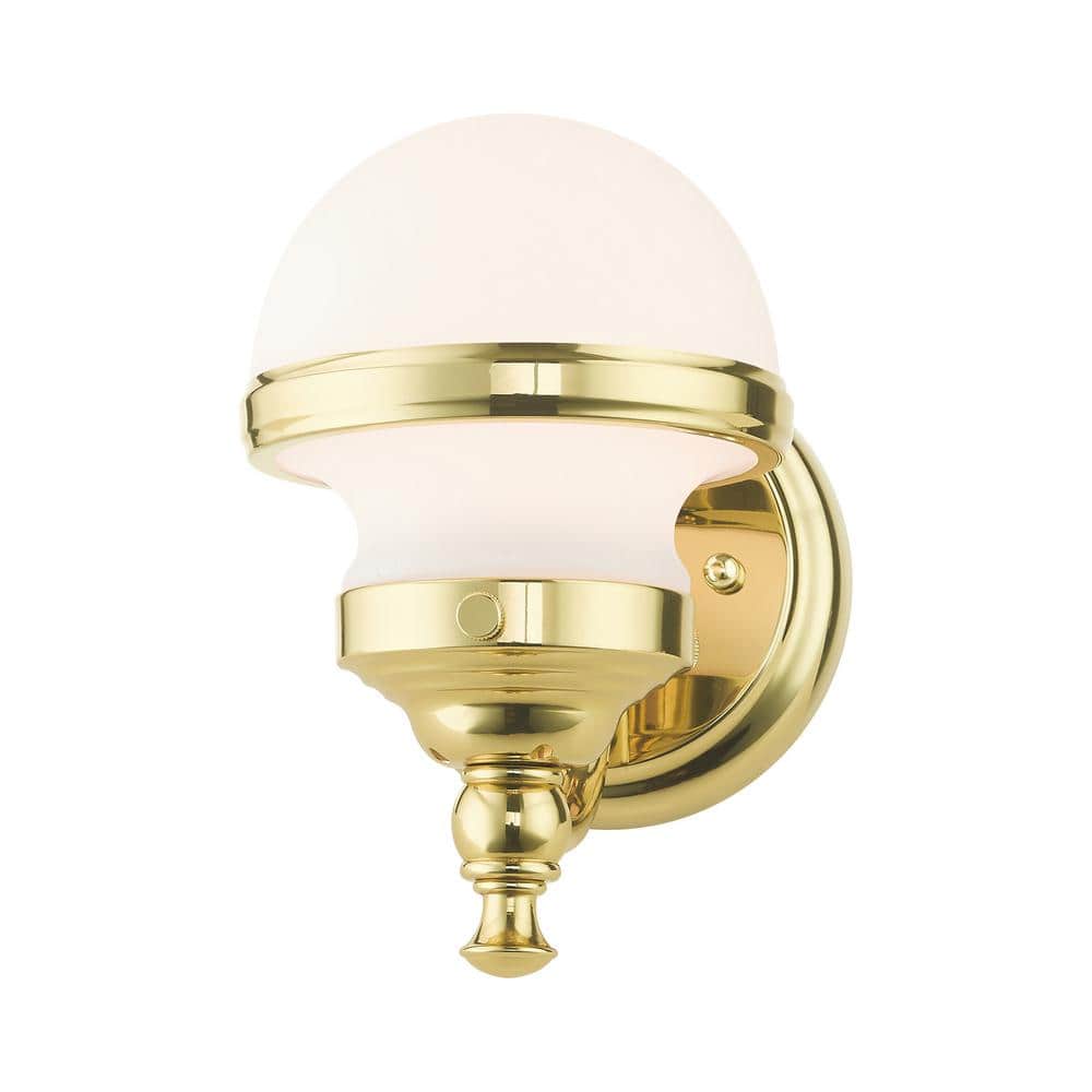 Oldwick Polished Brass 1-Light Sconce with Satin Opal White Glass