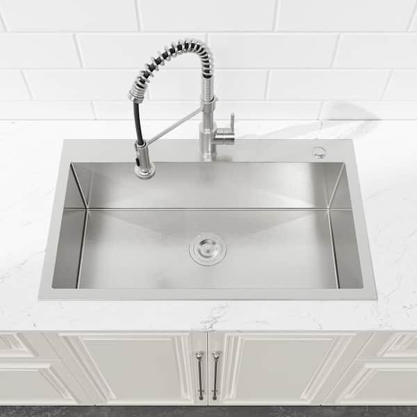 32 in. x 19 in. Stainless Steel Single Bowl Drop-In Kitchen Sink with Drain and Hooks in Brushed Nickel