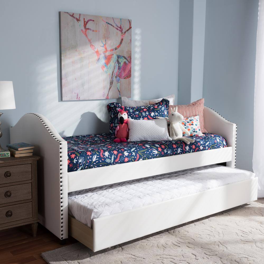 White Twin Faux Leather Upholstered Daybed with Trundle