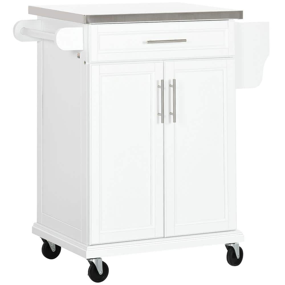 White Wood 33 in. Kitchen Island with Stainless Steel Countertop, Drawer, T