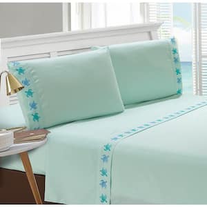 Turtle Embroidered 3-Piece Blue Microfiber Twin Sheet Set