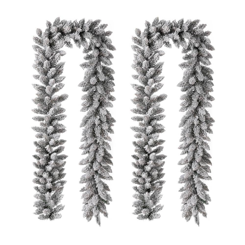 Glitzhome 9 ft. Pre-Lit Snow Flocked Artificial Christmas Garland with Warm White LED Lights (2-Pack)