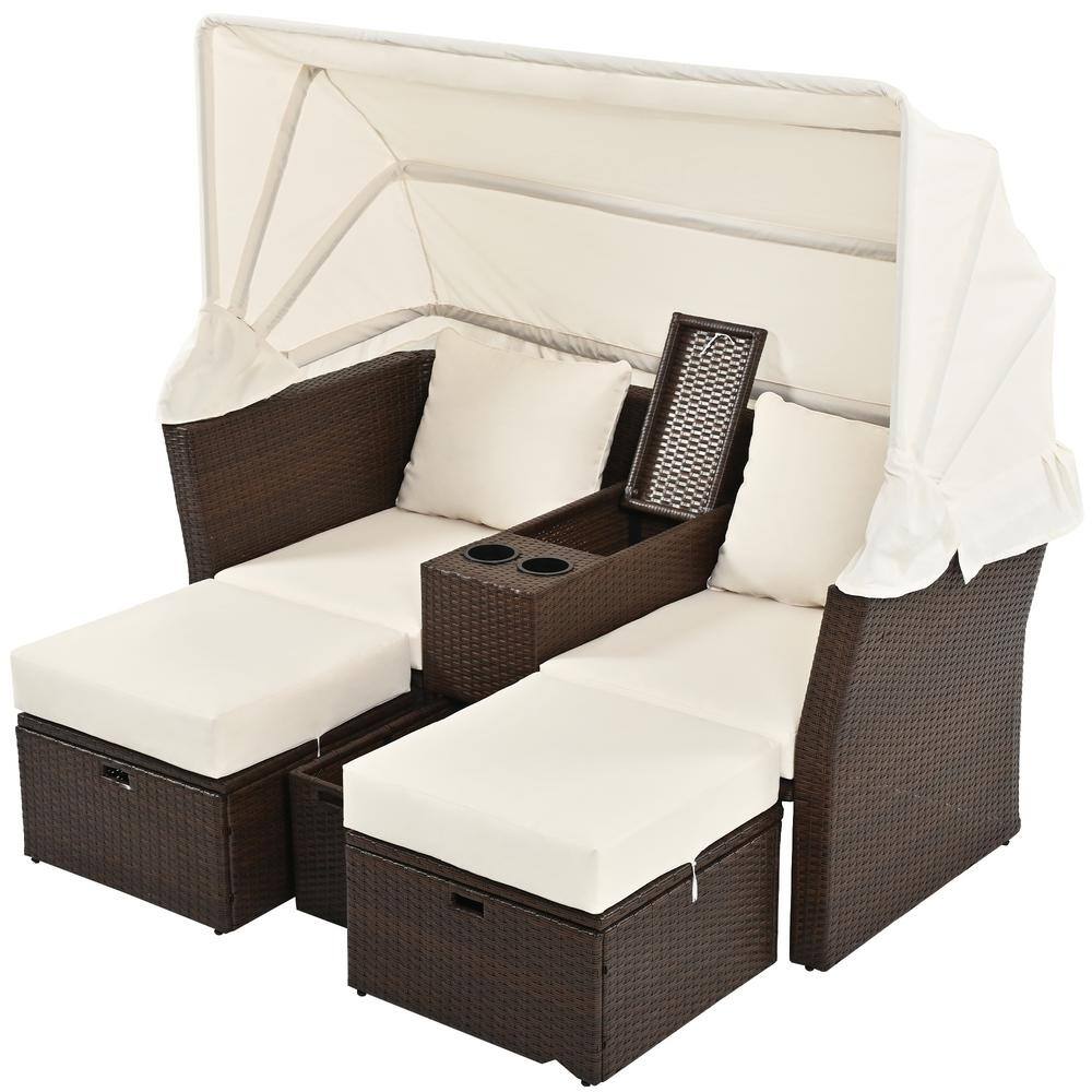Outdoor Patio Daybed Brown of 1-Piece Metal Outdoor Double Day Bed with Foldable Awning and Cushions Beige price history on PriceWatchPro