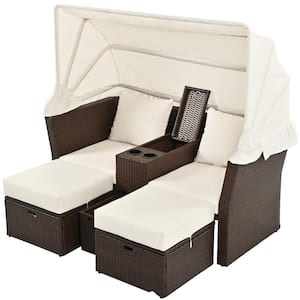 Outdoor Patio Daybed Brown of 1-Piece Metal Outdoor Double Day Bed with Foldable Awning and Cushions Beige