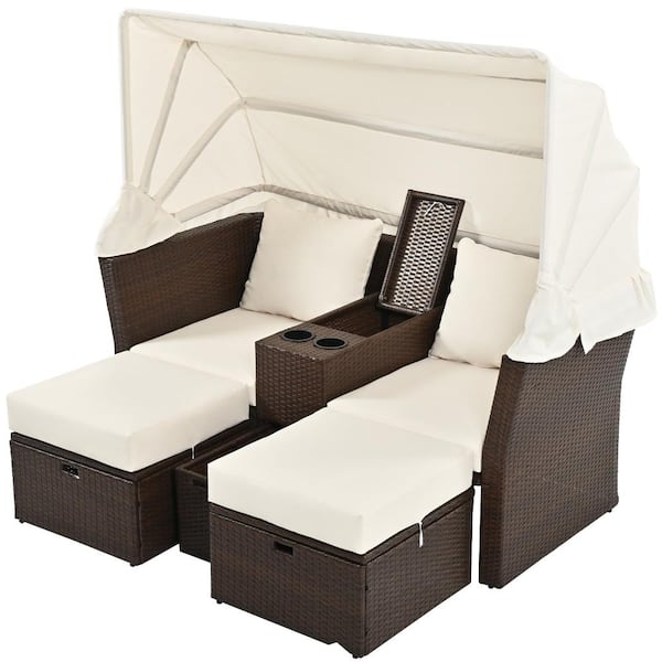 myhomore Outdoor Patio Daybed Brown of 1-Piece Metal Outdoor Double Day Bed with Foldable Awning and Cushions Beige