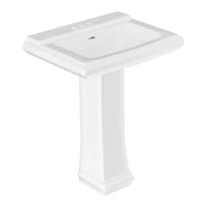 23 in. W x 19.2 in. D Pedestal Bathroom Sink Combo White Rectangular Vitreou China Sink with Overflow and 3 Faucet Holes