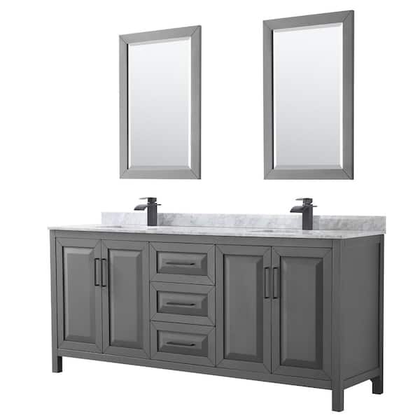 Wyndham Collection Daria 80 in. W x 22 in. D x 35.75 in. H Double Bath Vanity in Dark Gray with White Carrara Marble Top & 24" Mirrors