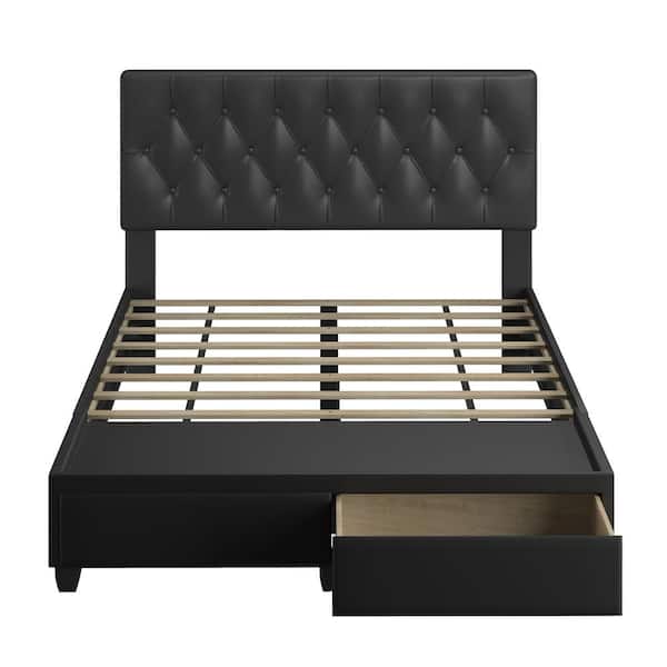 Boyd Sleep Verona Black Faux Leather Wood Frame, Full Platform Bed Frame with Storage Drawers