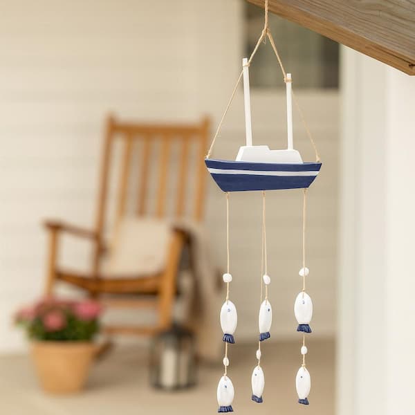 Blue 39.5 in. Wood Novelty Sailboat with Hanging Fish Wind Chime