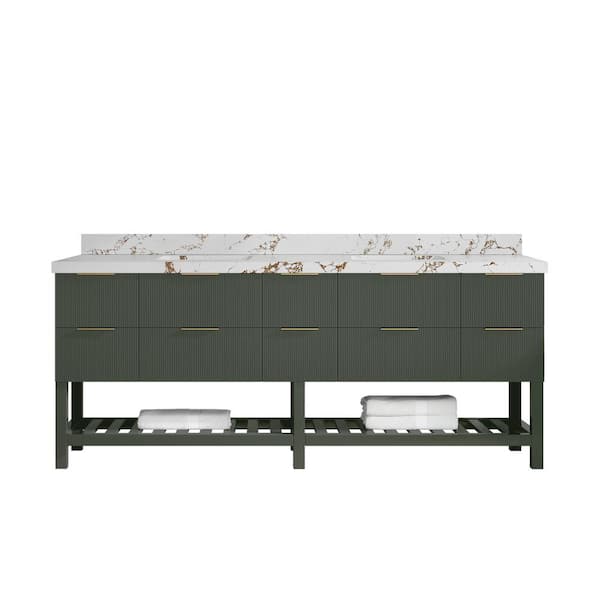 Willow Collections Catalina 84 in. Double Sink Freestanding Pewter Green Bath Vanity with Viola Brown Qt. Top Unassembled