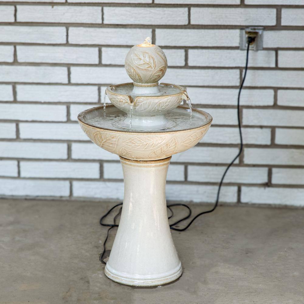 Off-White Ceramic 2-Tier Outdoor Fountain with LED Lights