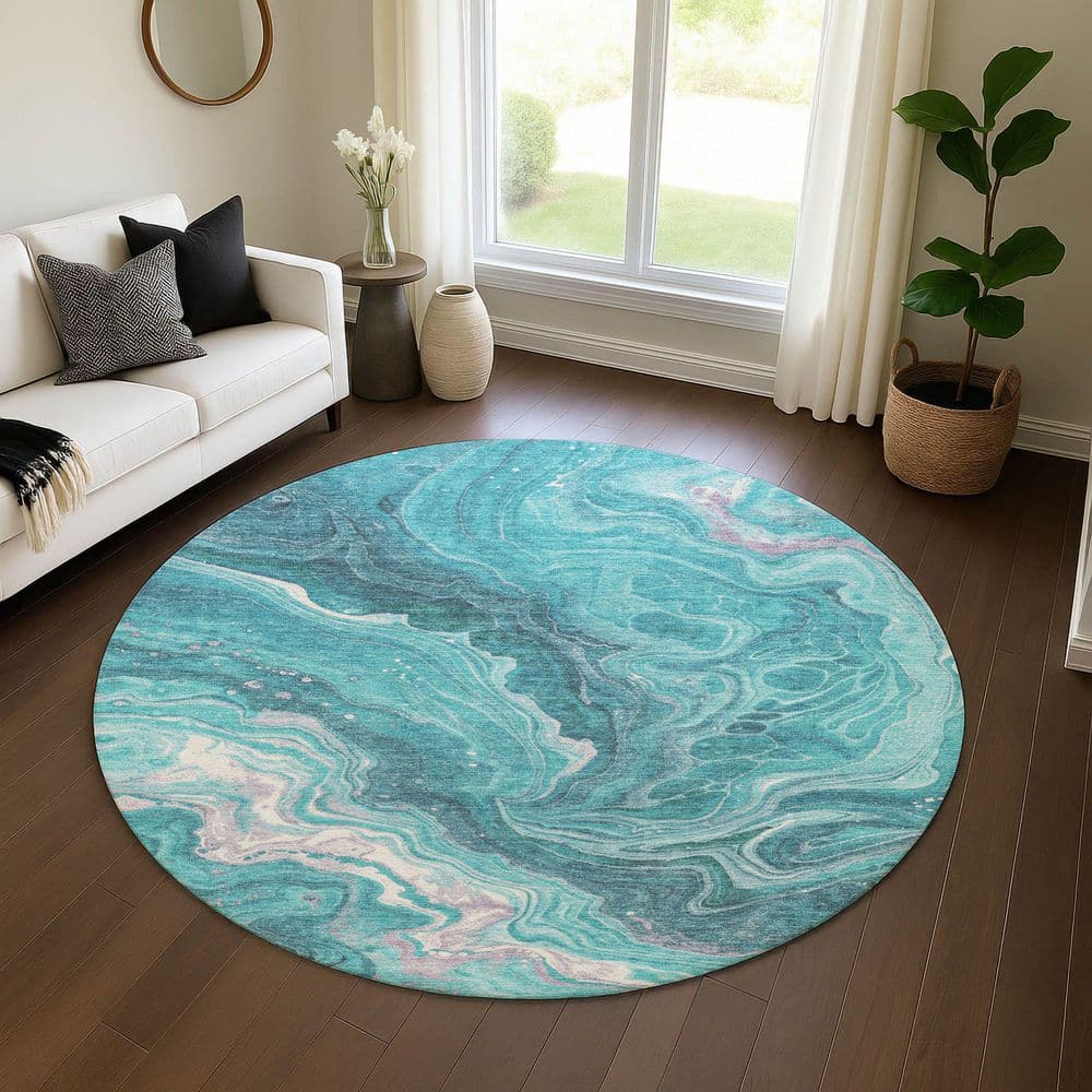 Mayfield Premium Machine Washable Abstract AMF1701 Teal 8 ft. x 8 ft. Round Rug price history on PriceWatchPro