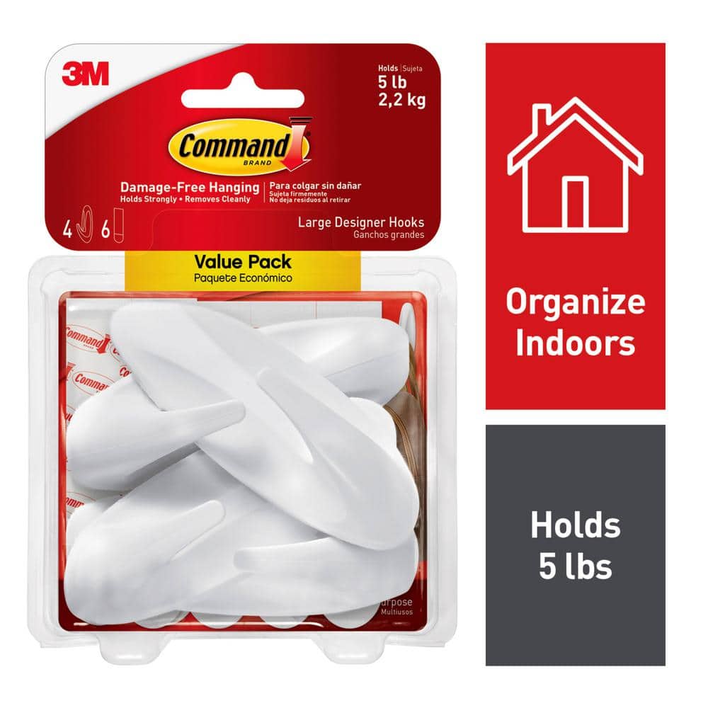 Command Designer Hook & Strips Plastic Holds Up To 5 Lb Large White 
