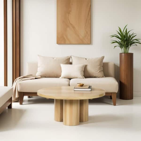 THE URBAN PORT Hazel 35.5 in. Natural Brown Round Mango Wood Coffee Table with 3 Pillar Legs