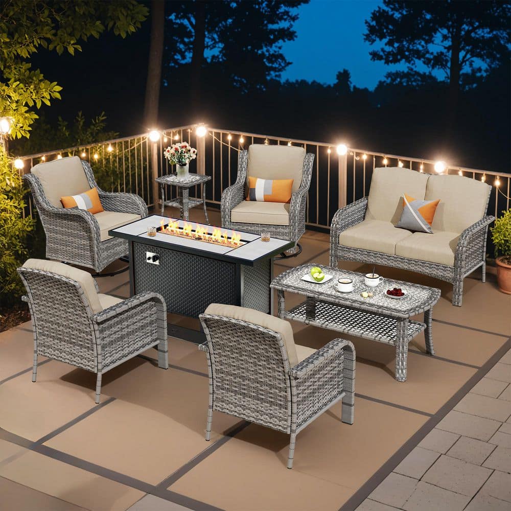 Mejy Gray 8-Piece Wicker Patio 54 in. Rectangle Fire Pit Conversation Set with Beige Cushions and Swivel Chairs price history on PriceWatchPro